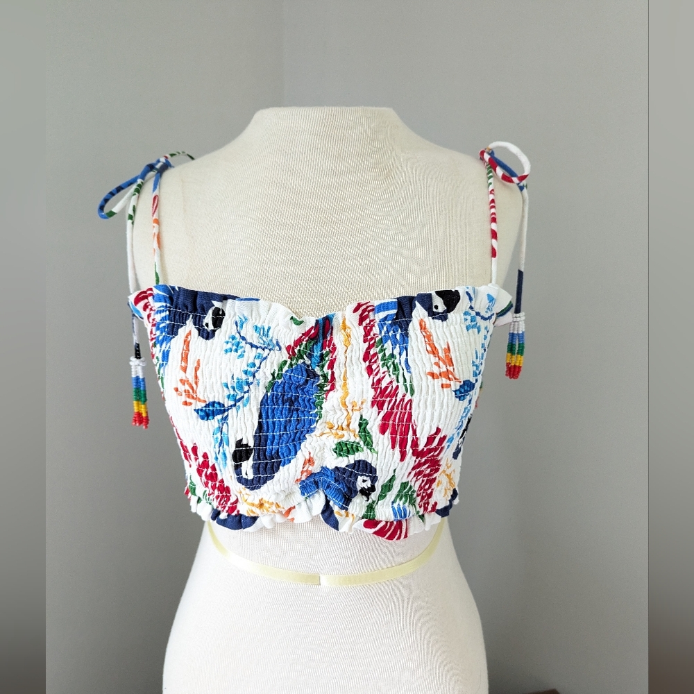 House Of Harlow Blue Macaw Linen Blend Smocked Tie String Crop Top